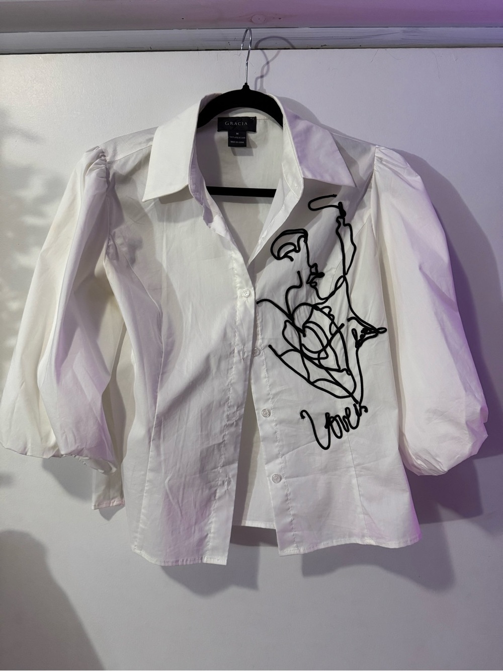 Gracia White Blouse with Black Abstract Line Art “Love”